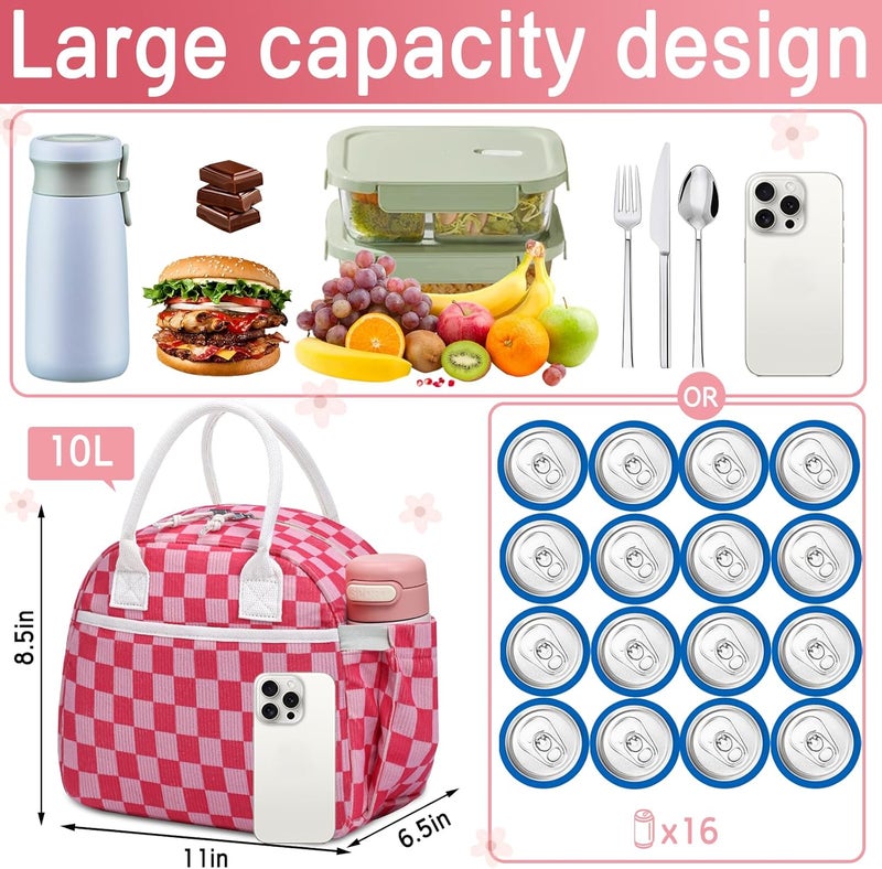 Carry bloom Lunch Box for Women, Insulated Lunch Bag Cute Corduroy Lunchbag Reusable Lunchbox for Work (checkered rose pink) - Image 2